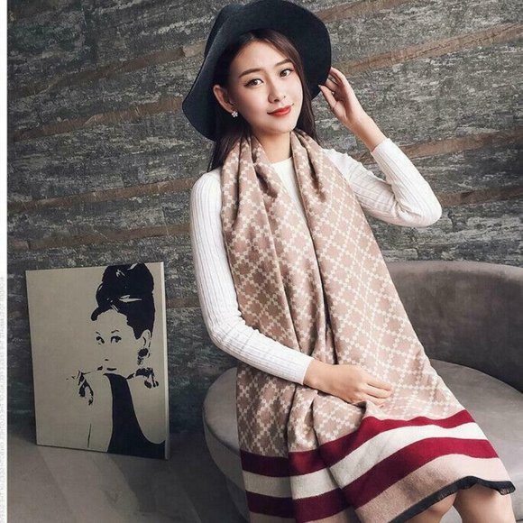 Diona J Accessories - Plaid Oversized Checker Cashmere Blanket Tassel Long Scarf Shawl Wrap-Beige Red
